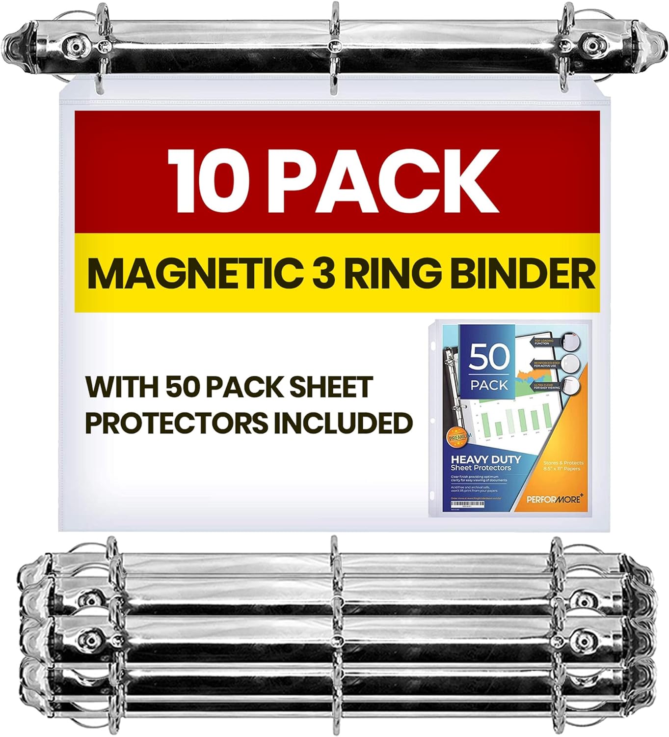 Magnetic 3 Ring Binder Locking Mechanism – 10 Pack – for Hanging 8.5 x 11 Inch Sheets of Paper – 3 Rings – 1 Inch D Shaped Rings – 5S Visual Aid - 50 Sheet Protectors Included