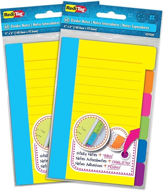 Redi-Tag Divider Sticky Notes, Tabbed Self-Stick Lined Notepads, Adhesive Notes for School, Home and Office, 120 Ruled Notes, 4" x 6", 2 Books Per Pack, Assorted Colors (B10290)
