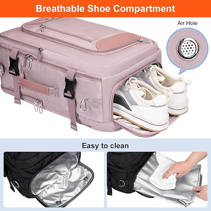 PIJUSHI Travel Backpack for Women Flight Approved Carry on Bag 16 inch Laptop Personal Item Daypack with Shoe Compartment(PE038 Light Purple)