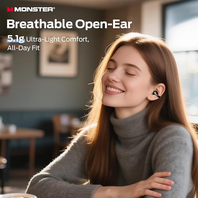 Monster Open Ear AC225 Earbuds, Bluetooth 6.0 Wireless Headphones, Stereo Sound, Lightweight Comfort Clip-On Earbuds with ENC Mic for Clear Calls, 36H Playtime, Touch Control, IPX6 Waterproof, Black