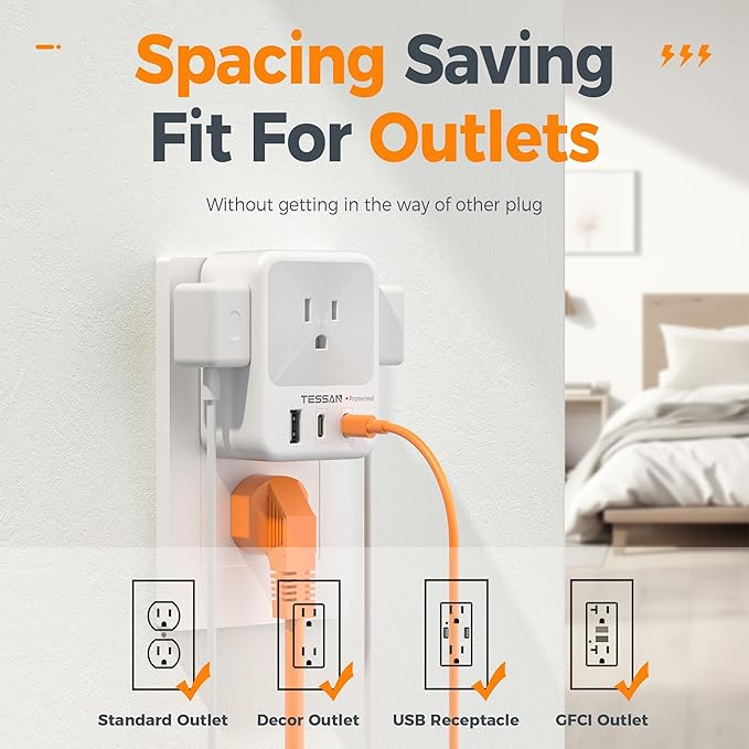Multi Plug Wall Outlet Splitter, TESSAN Surge Protector 4 Outlet Extender with 3 USB Charger Blocks(2 USB C), 3-Sided Multiple Plug Expander for Home Office Dorm Room School Essentials
