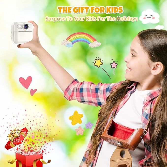 Kids Camera Instant Print Birthday Gifts for Girls Age 3-8, Toddler Cameras Travel Selfie Video Camera Toys Instantcamera for Kids with Color Pens (White)