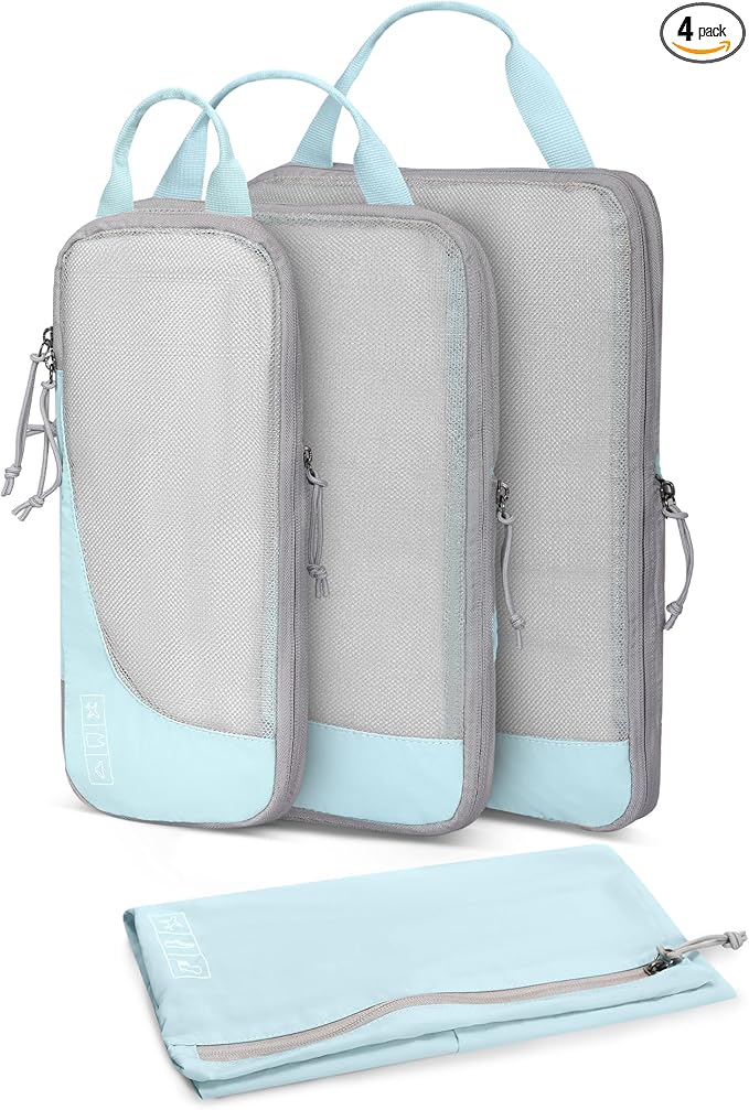 Hynes Eagle 6 Set/ 4 Set/ 2 Set Compression Packing Cubes Travel Essentials Lightweight Nylon Luggage Suitcase Organizer Bag Light Blue 4PCS