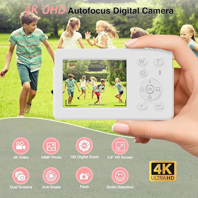 Digital Camera, 4K Autofocus Compact Camera with 32G SD Card FHD 64MP with 2.8" Large Screen, 18X Digital Zoom, Portable Mini Camera for Photography, Suitable for Kids,Adult,Beginners