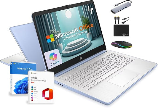 HP 14" Laptop 2025 Business Student Slim Computer, Lifetime MS Office, Copilot AI, Quad-Core Intel CPU, 16GB RAM, 628GB Storage (128GB UFS+500GB Ext), MarxsolAccessory, Wi-Fi 6, Win 11 Pro, Sky Blue