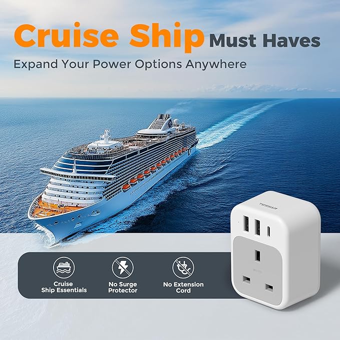 TESSAN UK to US Plug Adapter, UK Adapters for Travel with AC Outlet 3 USB (1 USB C), Type G Power Adapter Ireland London Scotland Kenya Dubai Singapore to Type B USA Travel Adaptor