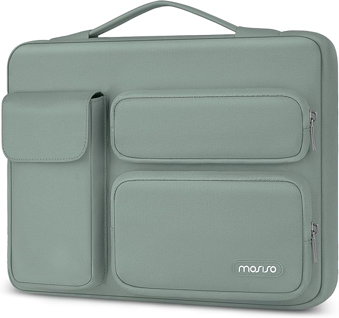 MOSISO 360 Protective Laptop Case 13.3 inch, 13-13.3 inch Laptop Sleeve Compatible with MacBook Air/Pro 13 / Pro 14, HP Dell ASUS Lenovo,Side Open Bag with 2 Raised&1 Flapover Pockets, Antique Green