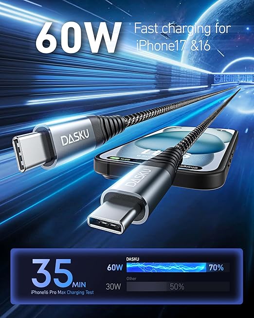 Dasku 2 Pack 6FT USBC to USBC Cable, 60W Fast Charging, Compatible with iPhone 16/15 Pro Max, Samsung Galaxy S24/S23/S22, MacBook/iPad