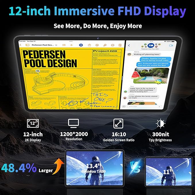 2025 12 Inch Tablet, 24GB（8+16） RAM+256 Storage(Expand to 1TB), Android 15 Tablet with Keyboard, Octa-Core, 2K 2000x1200 Display, 16MP Dual Camera, 8000mAh, 5G WiFi,GPS,Bluetooth 5.0（Black）