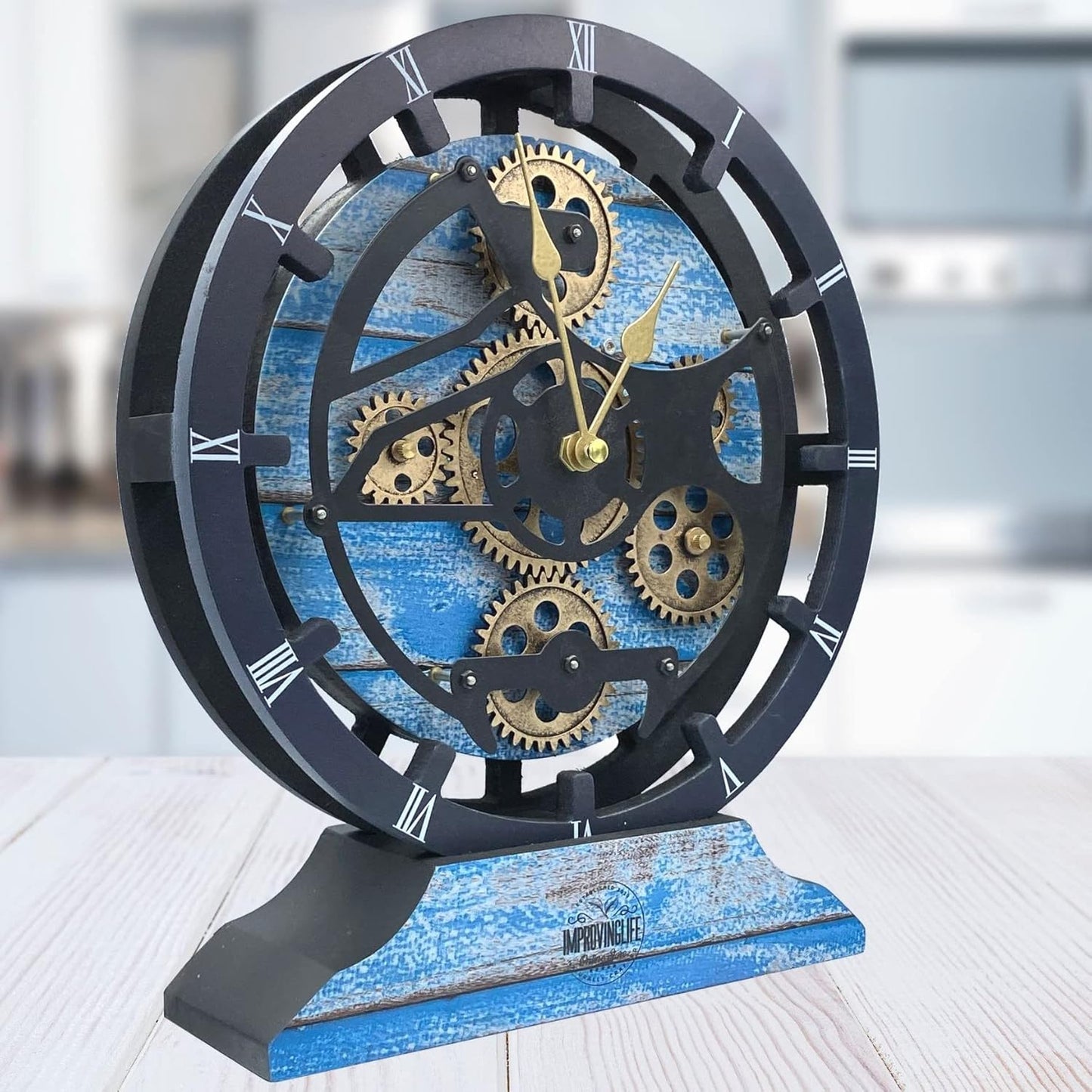 The Gears Clock Desk Clock 10 inches with Real Moving Gears Convertible into Wall Clock (Ocean Blue)