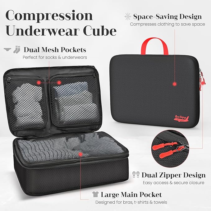 9 Set Compression Packing Cubes for Travel, Waterproof Organizer Set with Underwear Bag, Hanging Toiletry Bag, Shoe Bag, Laundry Bag & Digital Pouch (Black)