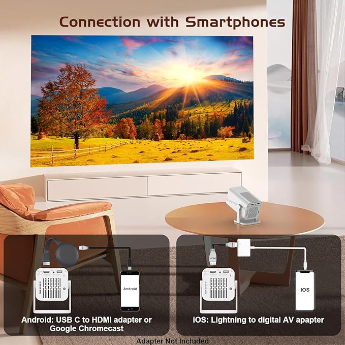 Mini Projector with Bluetooth, Electric Focus Portable Movie Projector with 270° Rotatable, 1080P HD Support, Auto Keystone, Compatible with Smartphone, TV Stick, Laptop, HDMI for Bedroom, Outdoor Use