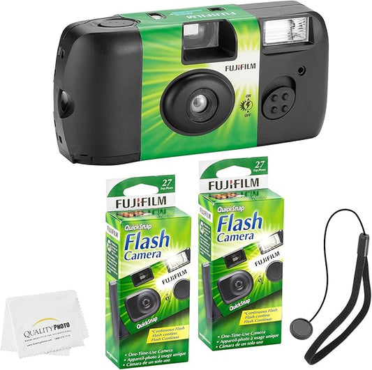Fujifilm QuickSnap Flash 400 Disposable 35mm Camera + Hand Strap + Quality Photo Microfiber Cloth (2 Pack)