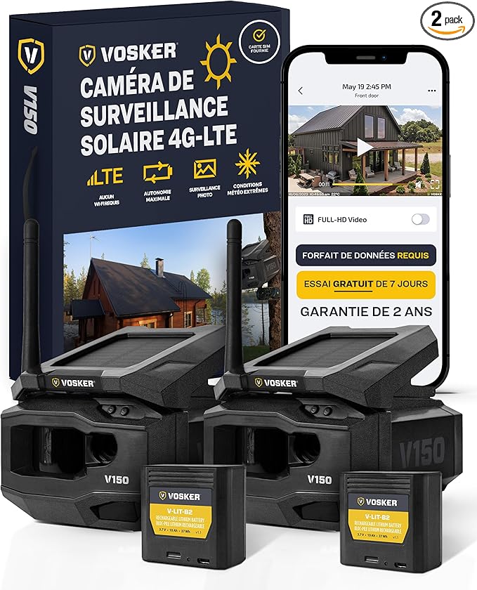 Vosker V150 Twin Pack Solar-Powered LTE Cellular Home Security Outdoor Camera | Motion Activated Photo Capture Nightvision Wireless Camera |Receive Photos (No Video) on Your Mobile App (2 Pack)