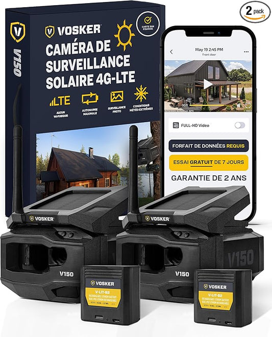 Vosker V150 Twin Pack Solar-Powered LTE Cellular Home Security Outdoor Camera | Motion Activated Photo Capture Nightvision Wireless Camera |Receive Photos (No Video) on Your Mobile App (2 Pack)