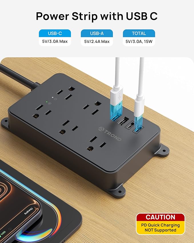 TROND Surge Protector Power Strip with USB, 10ft Extension Cord, ETL Listed, 5 Widely-Spaced Outlets with 4 USB Ports, 1300J, Low-Profile Flat Plug, Wall Mountable, 14AWG Heavy Duty, Black