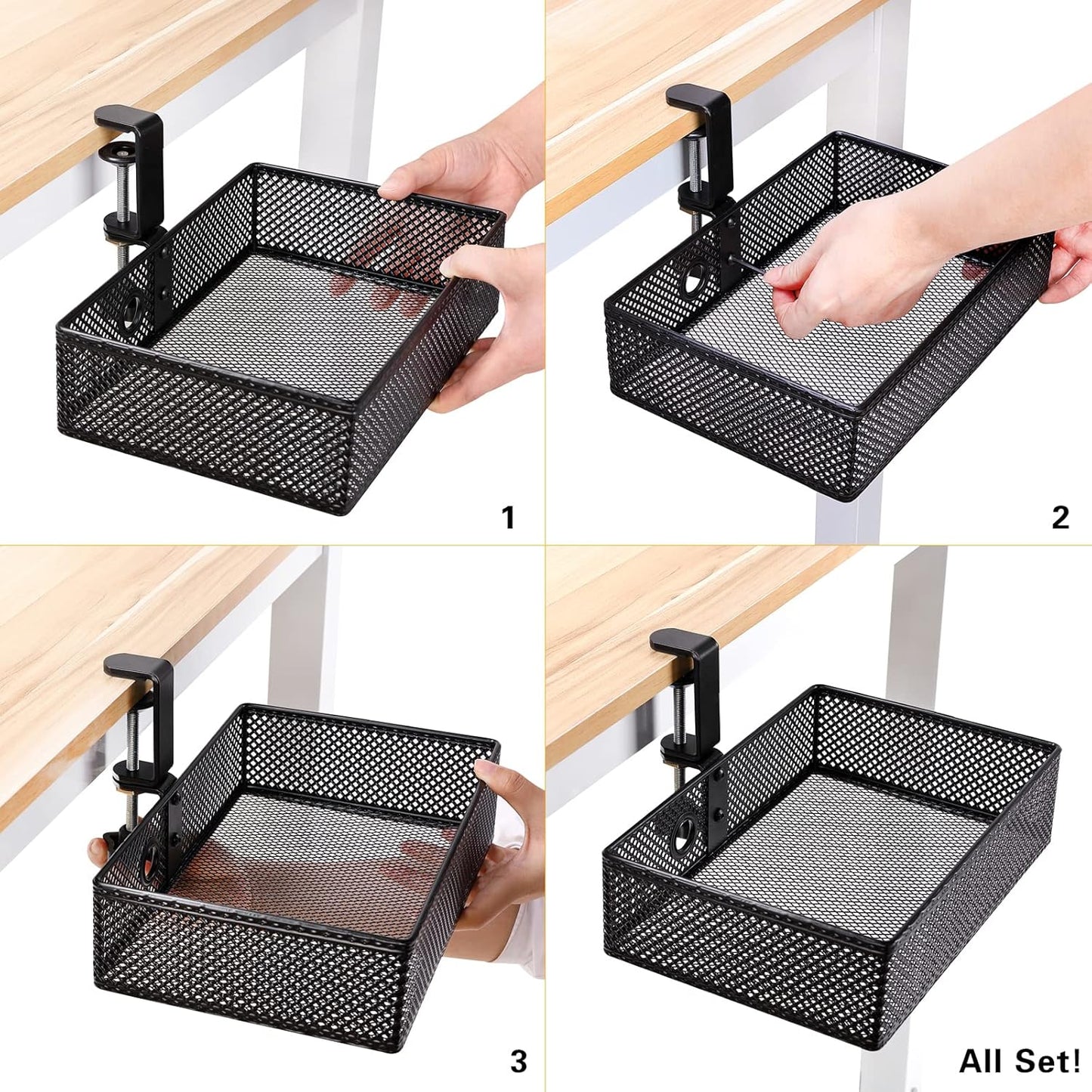 Mesh Desk Organizer and Clamp-on Swivel Pencil Drawer, Desk Hidden Extra Sturdy C-Clamp Mount System and Easy to Instal, Home Office Art Supply Storage Box (Black)