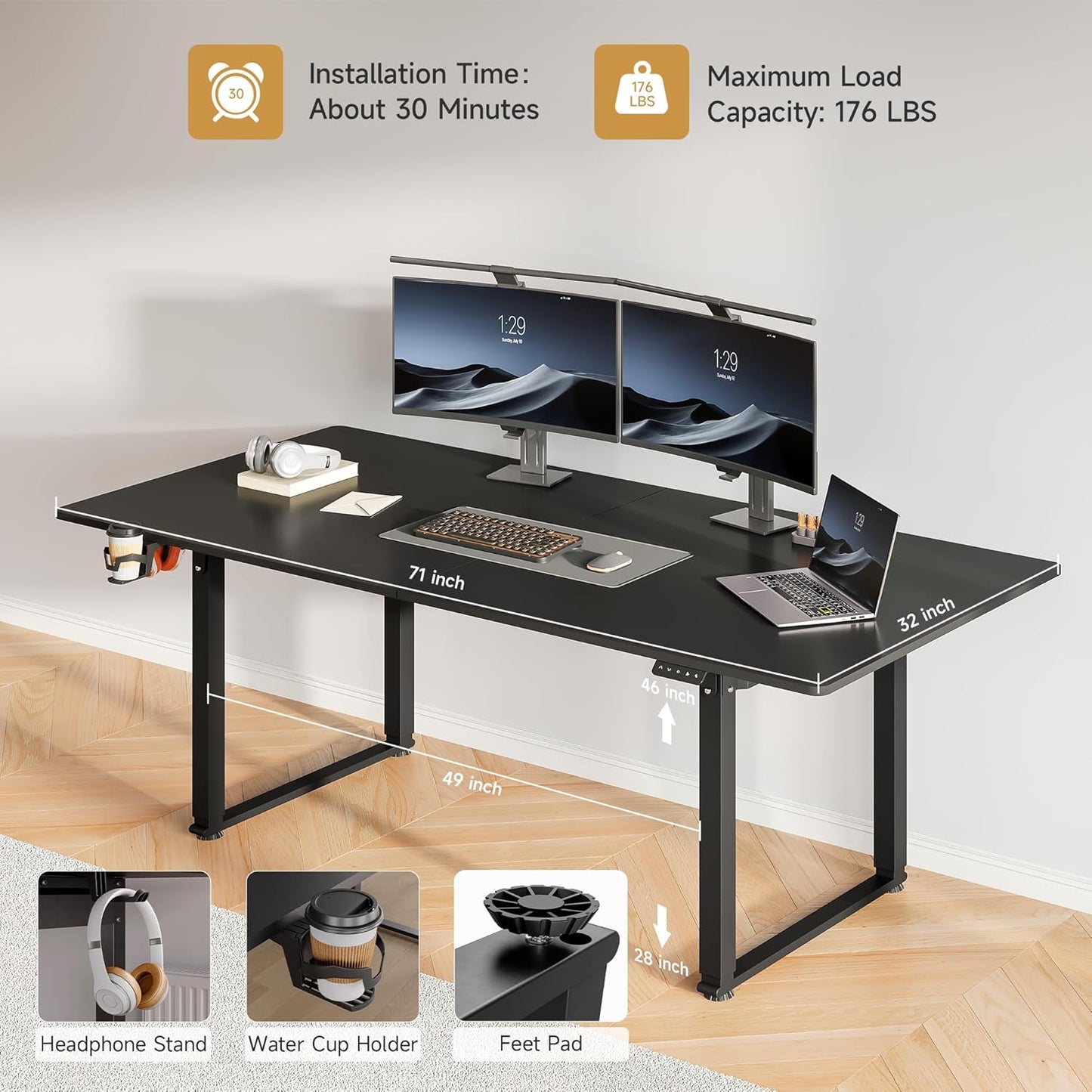 71x32 Inch Adjustable Standing Desk with 4 Legs, Stand-up Desk Features a Spacious Rectangular Top, Dual-Motor Lift, and Memory Presets (28-46Inch) for Home Offices or Computer Workstations, Black