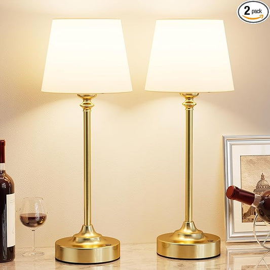Kakanuo Cordless Table Lamps Rechargeable Set - 2 Pack Gold 4000mAH Battery Operated Lamps for Decor, 3000K Stepless Dimming Touch Wireless Lamp for Bedroom, Dining Table, Living Room, White Shade