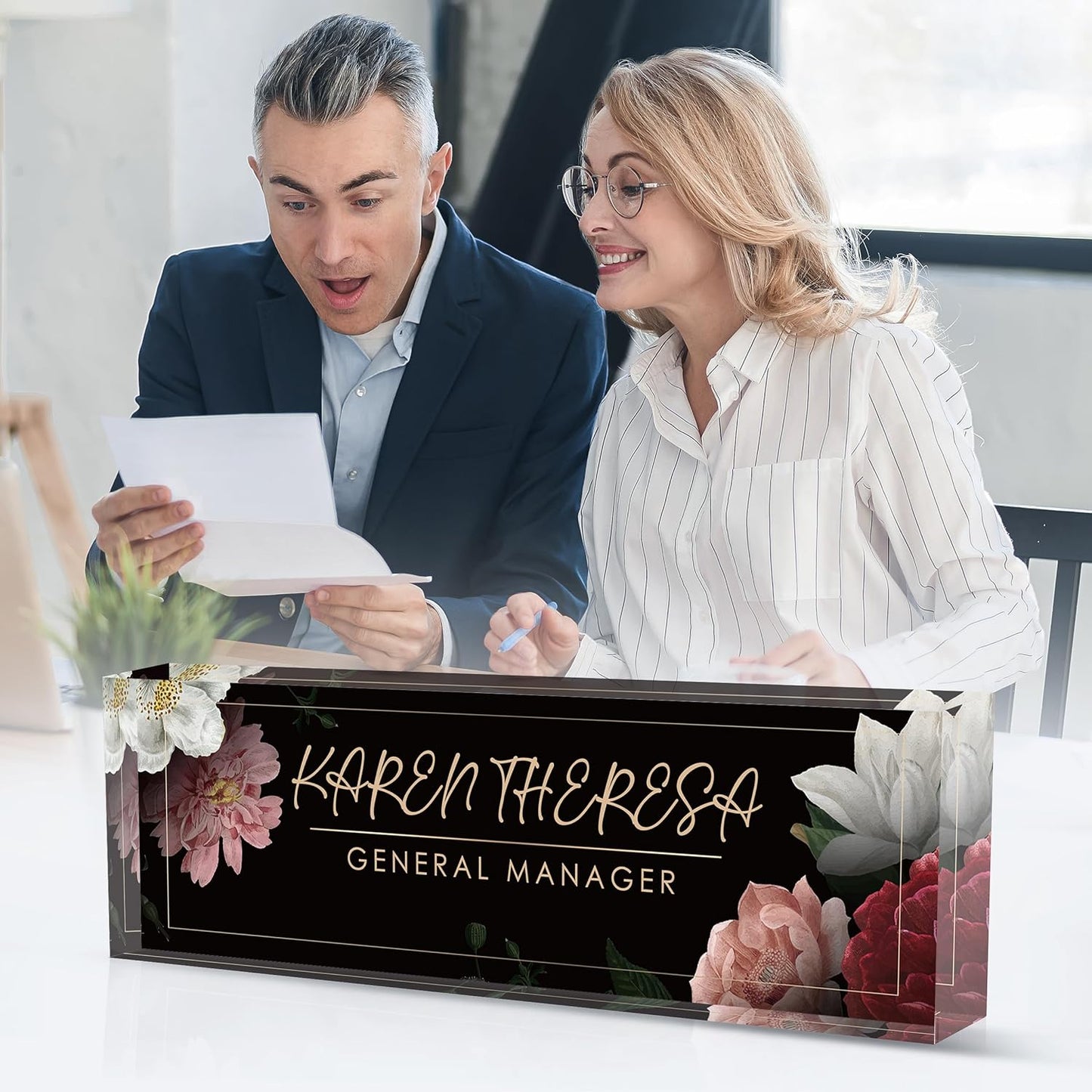 Custom Office Name Plate, Personalized Gifts for Women & Men, Appreciation Gifts for Employees, Boss, Teacher - Office Desk Accessory (Hibiscus Flower)