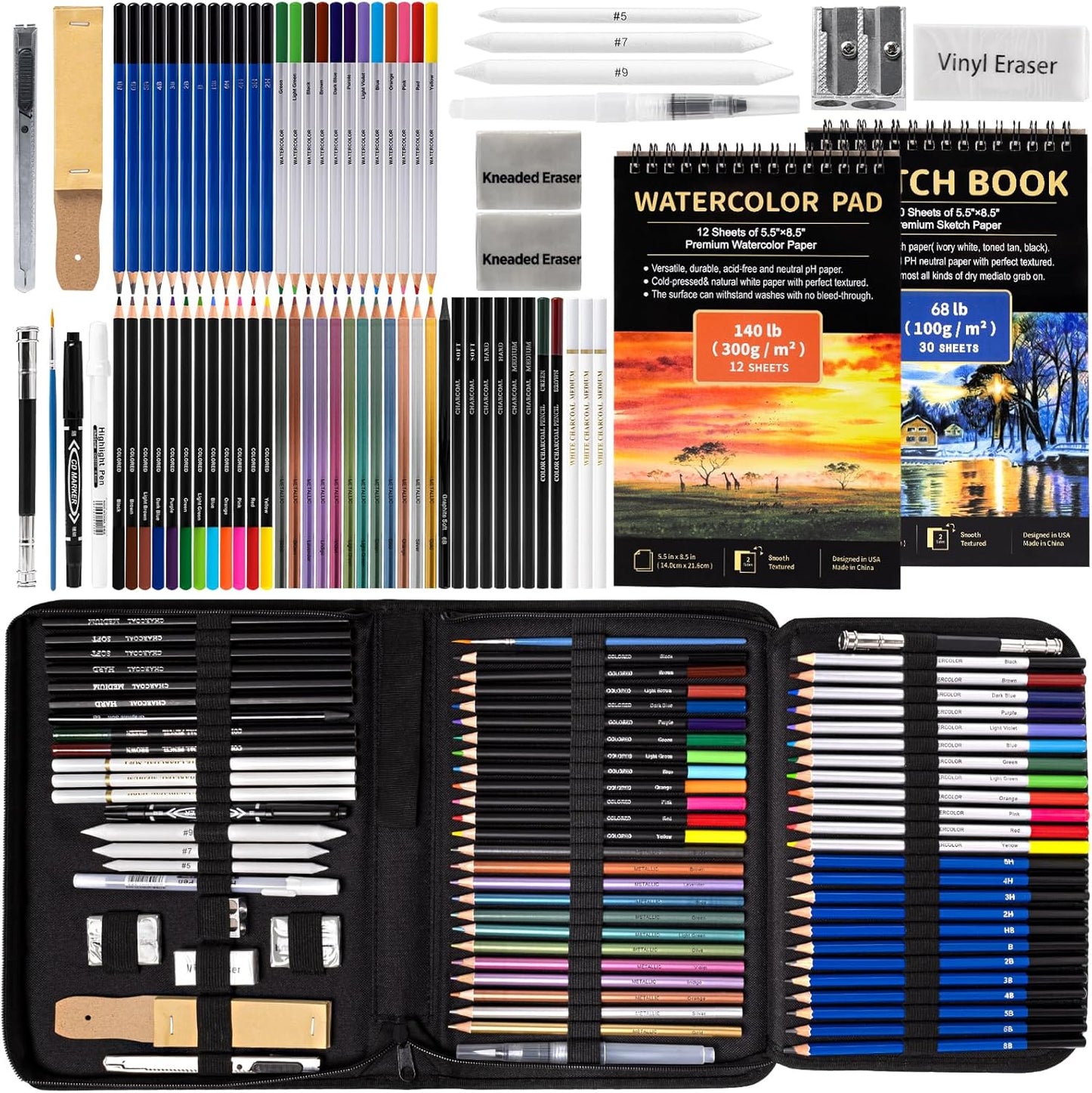Art Supplies Drawing Pencils Set - 76 Pack Pro Sketching Kit with Sketchbook & Watercolor Pad, Includes Graphite, Charcoal, Watercolor & Metallic Pencils for Kids, Teens, Adults