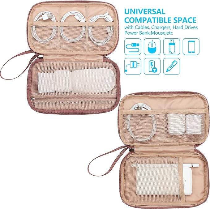 NISHEL Travel Cord Organizer Case, Double Layers Tech Electronic Bag, Essentials for Charger, Cable, Phone, Flash drive, Rose-wood Pink