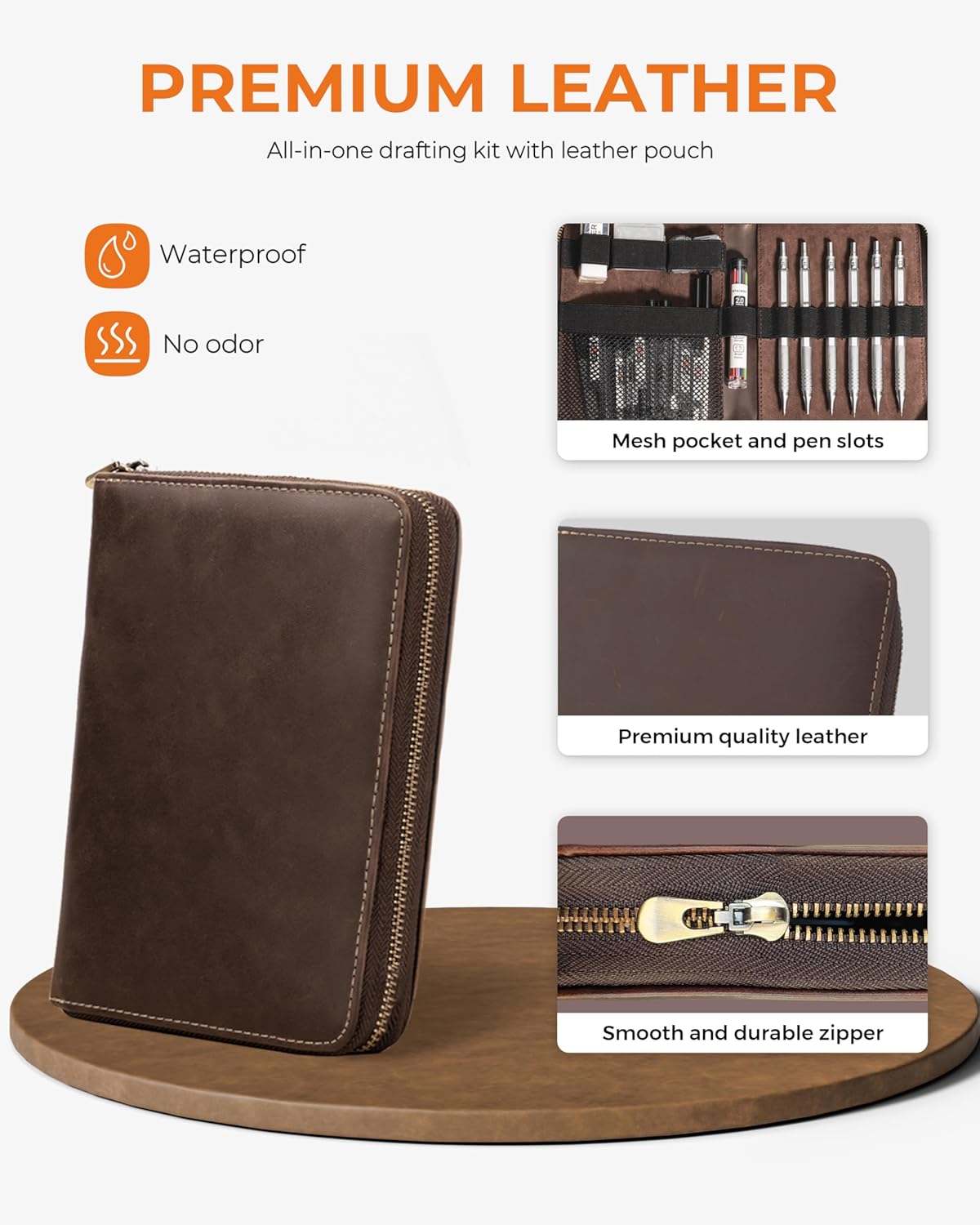 Metal Mechanical Pencil Set in Leather Case, 5PCS Art Drafting Pencil 0.3, 0.5, 0.7, 0.9 & 2mm Lead Holder, 9 Tube (4B 2B HB 2H Colors) Lead Refills for Drawing, Sketching, Writing (Silver)