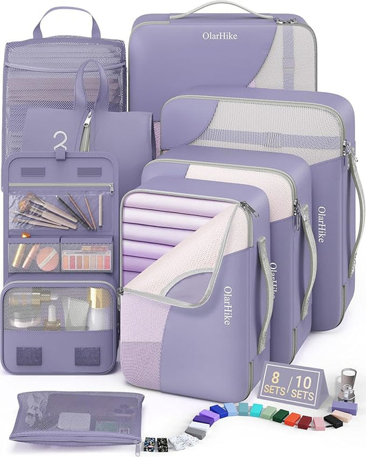 8 Set Packing Cubes for Travel, Gifts for Women Mom,Anti-Tearing Suitcase Organizer for Luggage with Shoe & Hanging Toiletry Bag,OlarHike Vacation Essentials & Accessories for Cruise Ship, Purple Gray