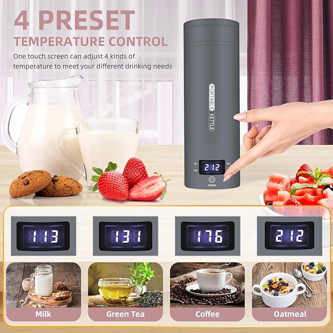 Travel Electric Kettle Portable Small Mini Tea Coffee Kettle Water Boiler, Water Heater with 4 Temperature Control,304 Stainless Steel with Auto Shut-Off & Boil Dry Protection, BPA-Free (Grey)