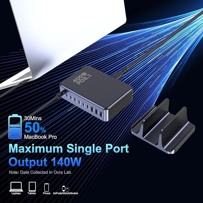 CHIPOFY 400W USB C Charger, GaN Compact 10-Ports PD3.1 140W PPS 45W QC20W Super Fast Charging Station for MacBook Laptop, iPad, iPhone 16/Pro/15/14, Samsung Galaxy S24/S23, Steam Deck and More