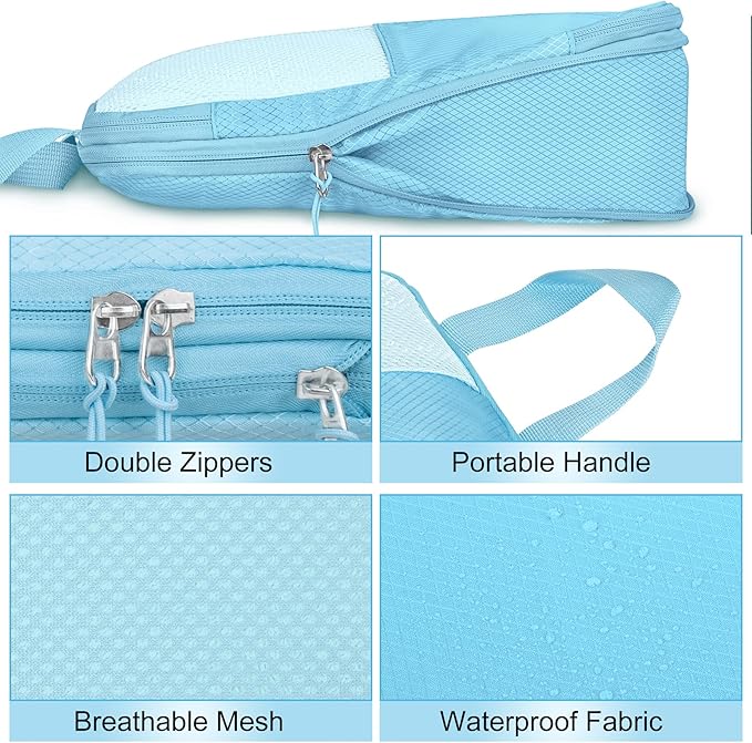 8 Set Compression Packing Cubes for Travel, Expandable Waterproof Travel Organizer, Lightweight Luggage Organizer with Shoes & Laundry Bags, Travel Accessories for Men Women, Light Blue
