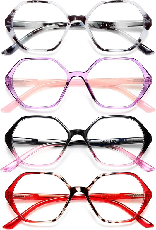 EYEURL 4-Pack Reading Glasses for Women Blue Light Blocking Computer Glasses Vintage Design Diamond Shaped Frame Readers for Women Men Anti Glare Filter Lightweight Spring Hinge Eyeglasses,1.0