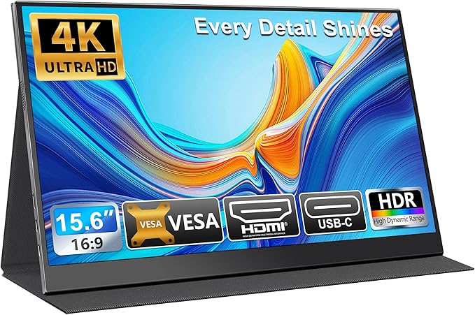4K Portable Monitor 15.6" 3840×2160P（16:9） Screen 100sRGB IPS Display, with HDMI & USB-C Plug & Play, External Monitor for Laptops/MacBook/PCs/Phones/Xbox/Switch/ PS4/5/NVR