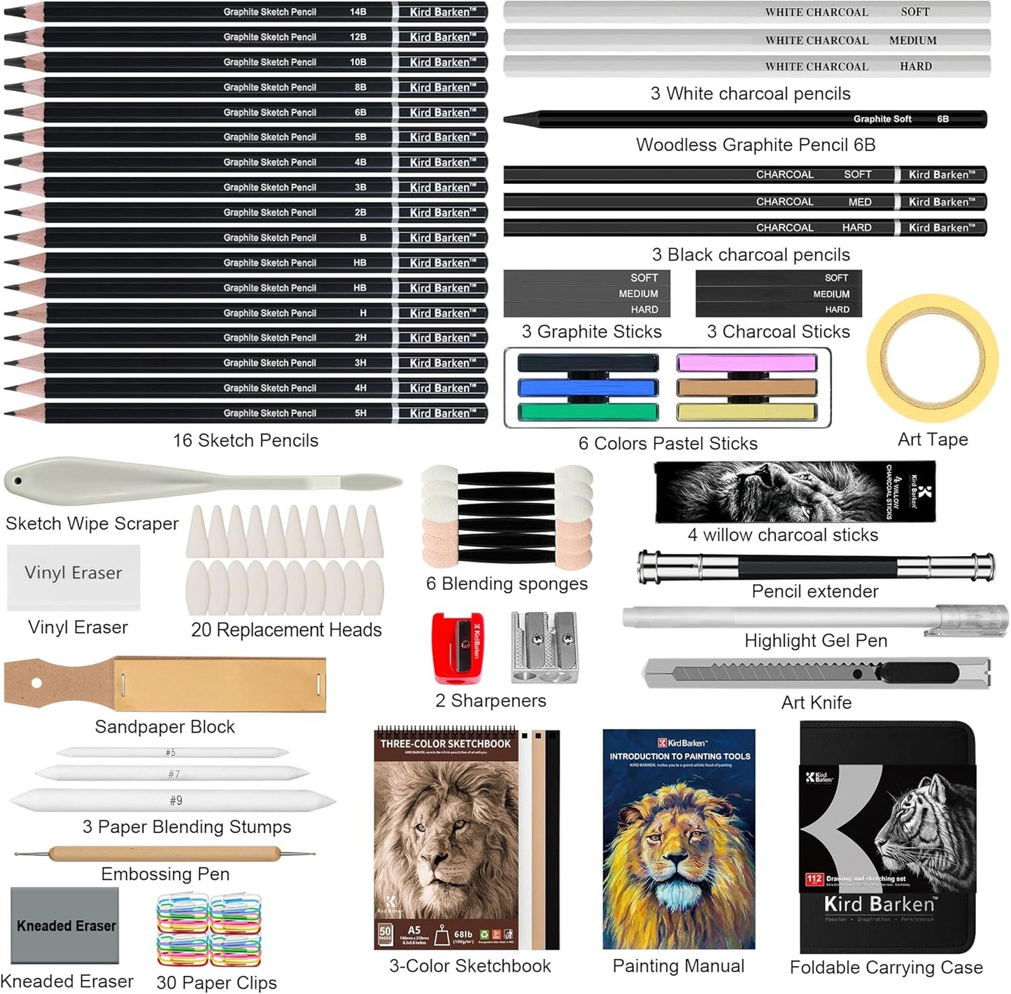 Kird Barken 112 PCS Professional Drawing Set – Sketch Kit with Graphite & Charcoal Pencils, 3-Color Sketchbook, Art Supplies for Shading & Blending – Ideal for Artists, Adults, Teens & Beginners