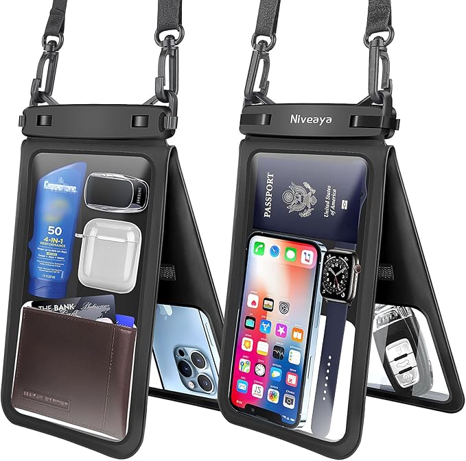 Niveaya [Up to 10.5"]Waterproof Phone Pouch - 2 Pack, Waterproof Phone Lanyard Case with iPhone 16/15/14/13/12 Pro Max up to 9.5", Phone Dry Bags for Vacation Beach Pool Kayak Cruise Travel Essentials