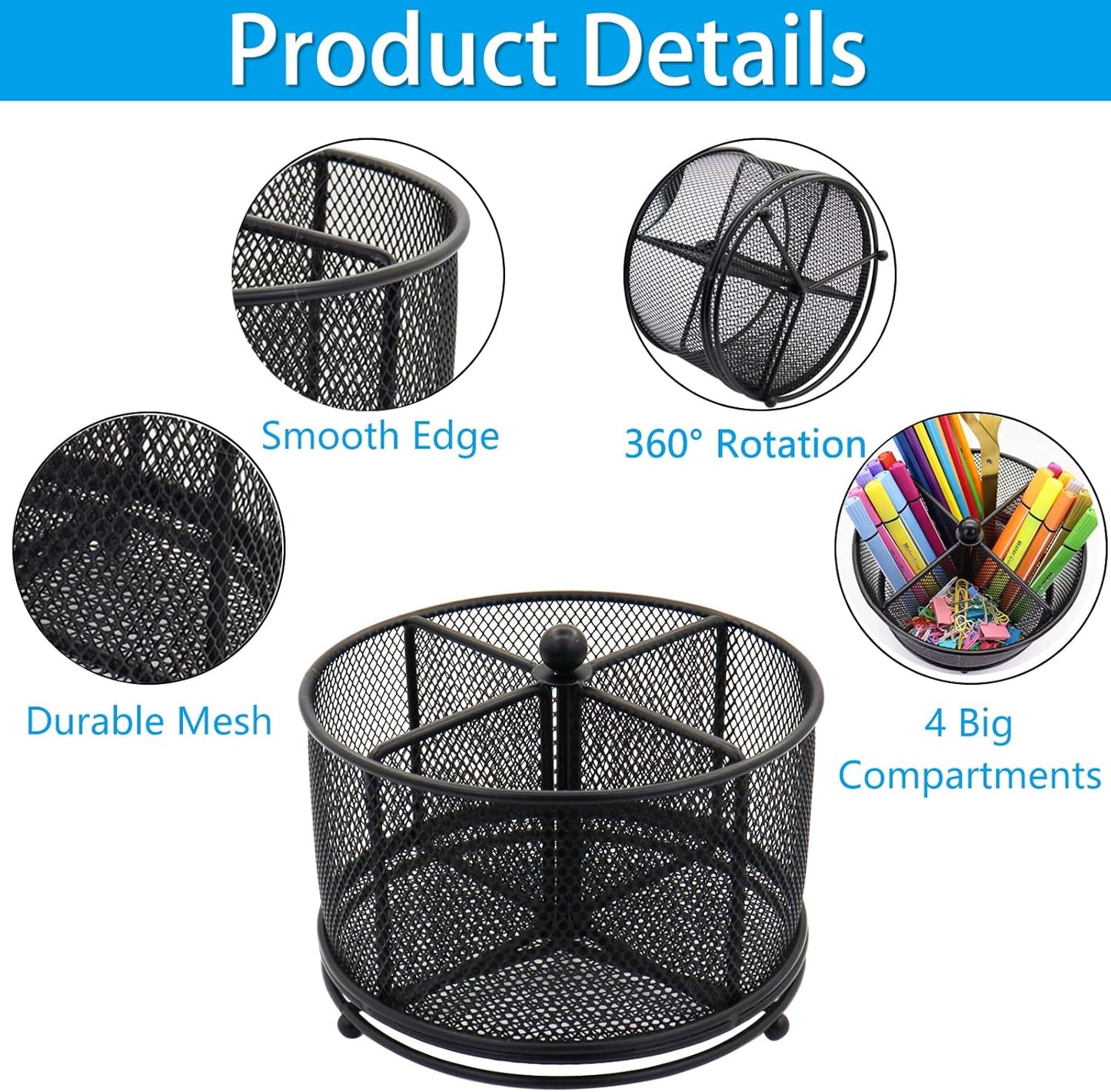 Pen Holder for Desk, 360 Rotating Mesh Pencil Organizer Marker Storage Caddy, Black Large Capacity Desktop Stationery Organizer, 4 Compartments for Home Office School Kids Art Supplies