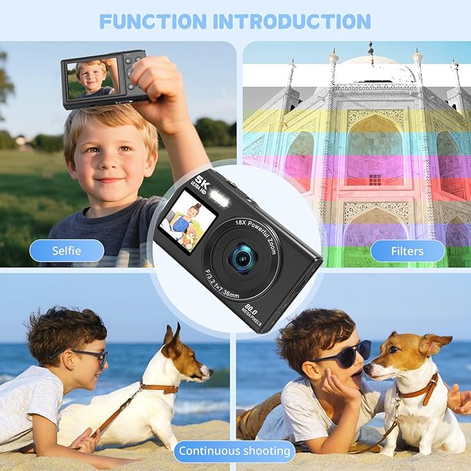 Dual Screen 5K Digital Camera for Vlogging with Fill Light - 80MP, 16X Zoom, WiFi, YouTube/Blogging, Includes 32GB Card & 2 Batteries (X9-Black)