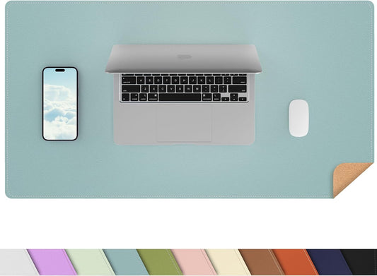 AFIING Dual-Sided Desk Pad, Natural Cork & PU Leather Large Mouse mats for Office and Home Work, Desk Protector Non-Slip, Waterproof, Easy Clean (Light Blue, 23.6" x 13.7")