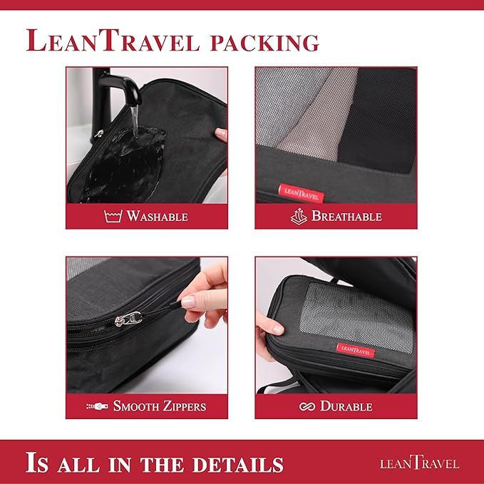 LeanTravel Compression Packing Cubes for Travel Organizers with Double Zipper (3-Pack (2L+1M), Black)