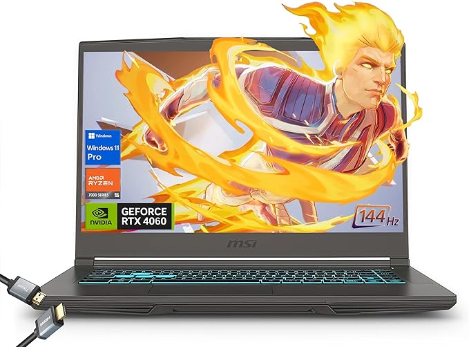 MSI Thin 15.6 inch 144Hz FHD Thin Bezel IPS Gaming Laptop, AMD Ryzen 5 7535HS, NVIDIA GeForce RTX 4060 -Window 11 PRO, w/HDMI Cable (2025) (32GB RAM | 2TB PCIe SSD)