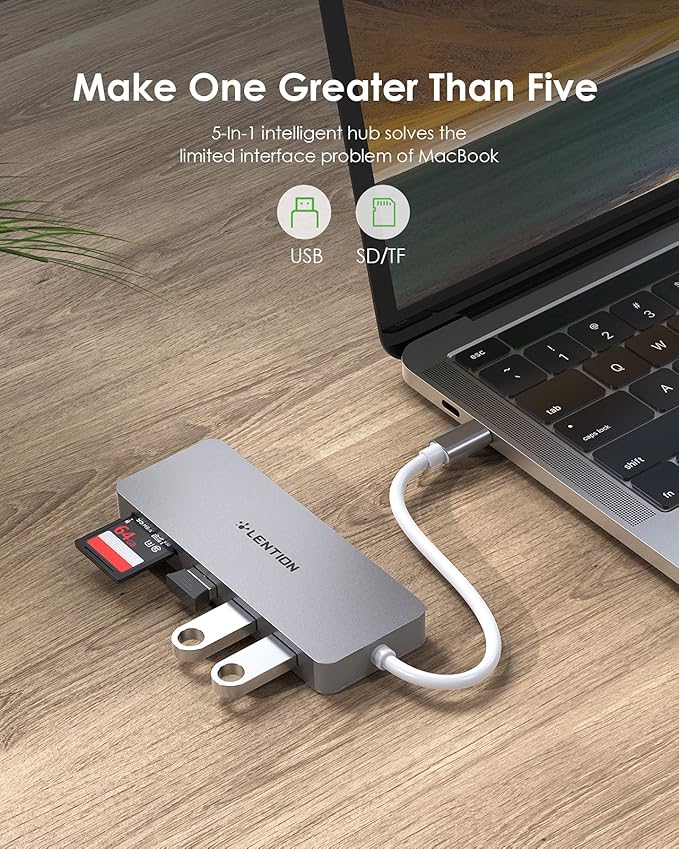 LENTION USB C Hub, 5-in-1 USBC Multiport Adapter with 3 x Powered USB 3.0 Ports 5Gbps, SD/TF Card Reader, for MacBook Pro/Air, iPad, Surface, iPhone 15 & More, Stable Driver 3.0, Space Gray (CB-C15)