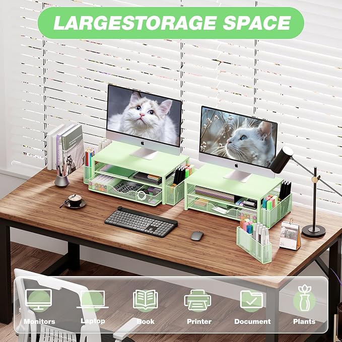 Desk Organizers and Accessories, 2-Tier Computer Monitor Stand Riser with Drawer and 2 Pen Holders, Laptop Stand, Office Desk Accessories for Office Supplies, Green