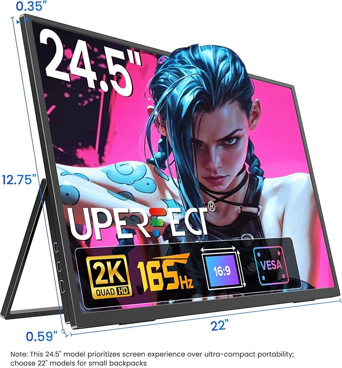 UPERFECT 24.5" 2K QHD Large Gaming Monitor, 2560×1440, 165Hz USB-C/144Hz HDMI, 1ms, FreeSync HDR IPS, Dual Speakers, VESA Stand, Mobile Second Screen for Laptop, MacBook, Switch