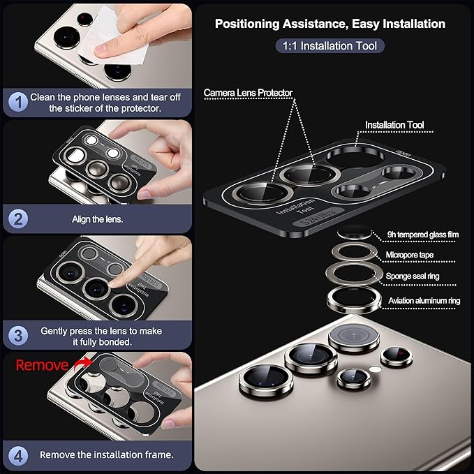 WSKEN for Samsung Galaxy S24 Ultra Camera Lens Protector, Ultra Thin Scratch Resistant 9H Tempered Glass with Aluminum Metal Circle Camera Screen Protector Cover Accessories, Gray