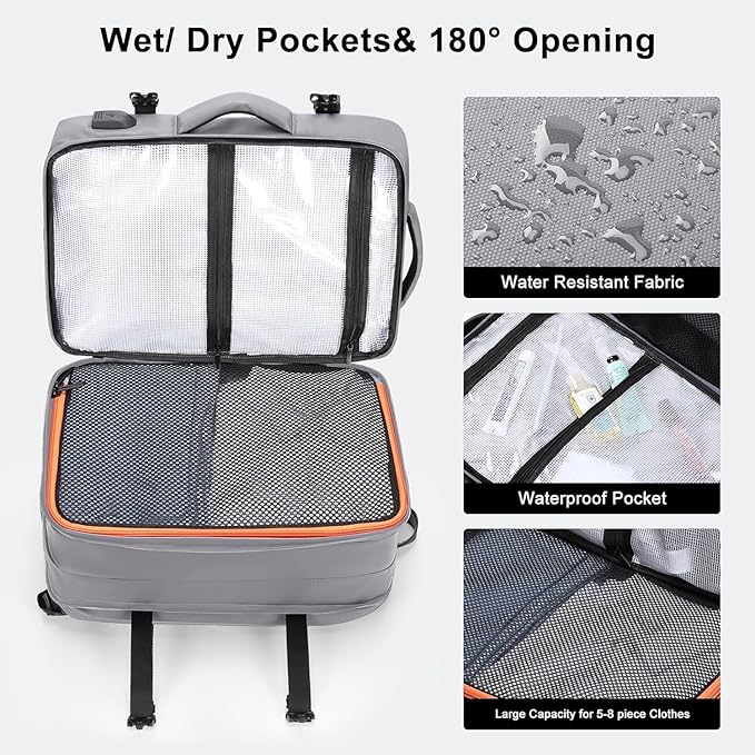 HOMIEE Carry on Backpack Extra Large Travel Bag, Expandable Hand Luggage Suitcase Anti-Theft Business Backpack, Water Resistant Lightweight Weekender Bag, Light Grey