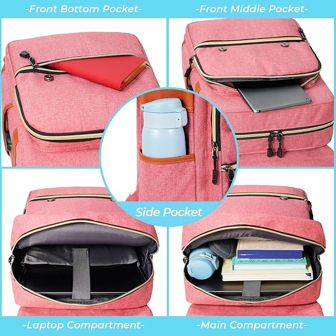 Ronyes Vintage Laptop Backpack for Women Men,15.6 inch Bookbag Casual Daypack with USB Charging Port for College Work, Pink Backpacks