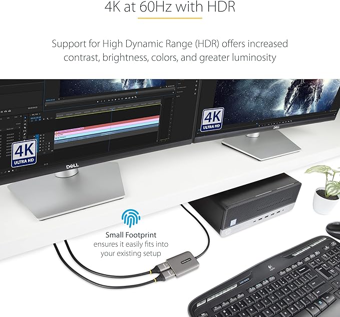 StarTech.com DP to Dual HDMI MST HUB - Dual HDMI 4K 60Hz - DisplayPort Multi Monitor Adapter with 1ft / 30cm Cable - DP 1.4 Multi Stream Transport Hub, DSC | HBR3 - DP to HDMI Splitter (MST14DP122HD)