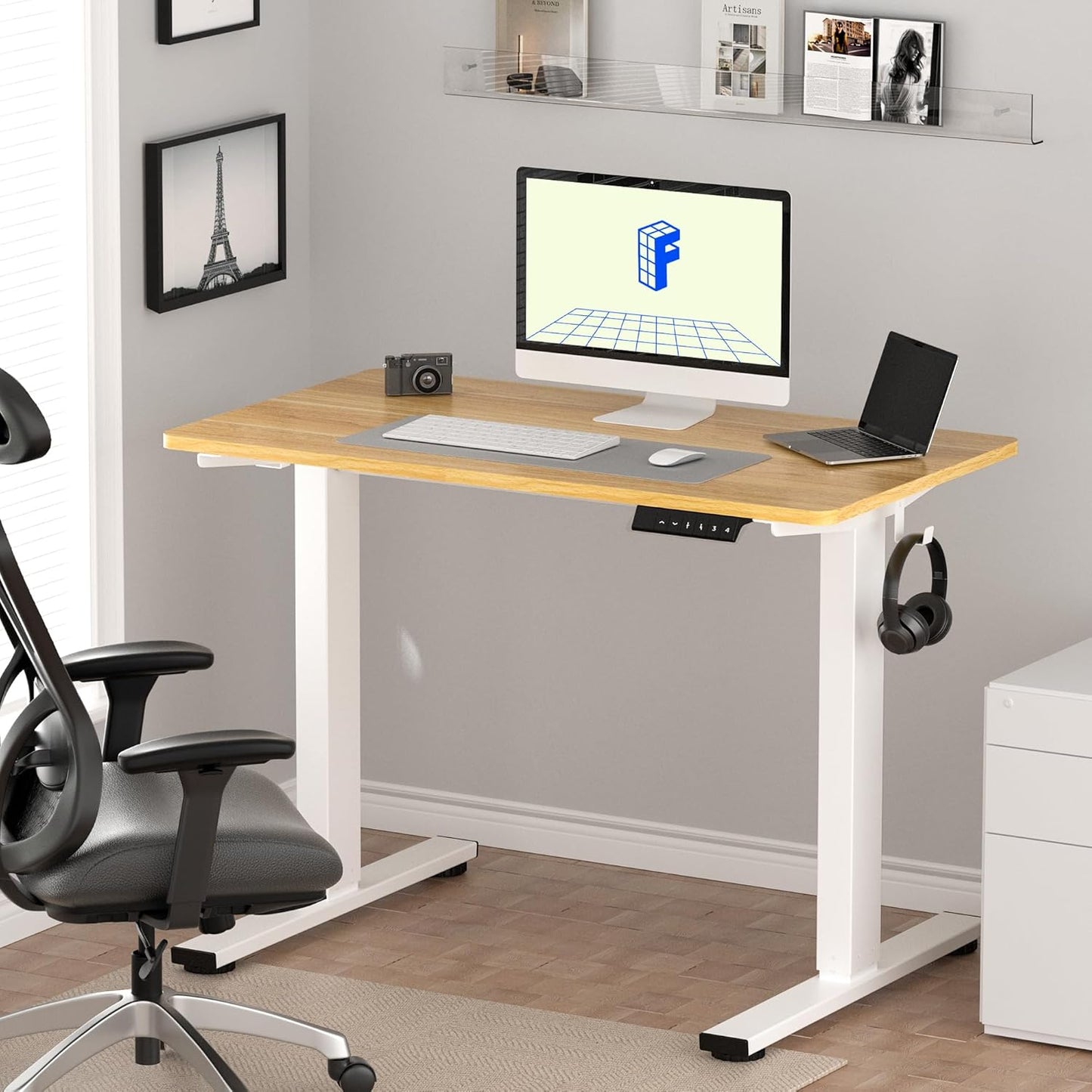 FLEXISPOT EN1 One-Piece Standing Desk 48 x 30 Inch Electric Height Adjustable Desk for Home Office and Computer Workstation (White Frame + Maple Top, 2 Packages)