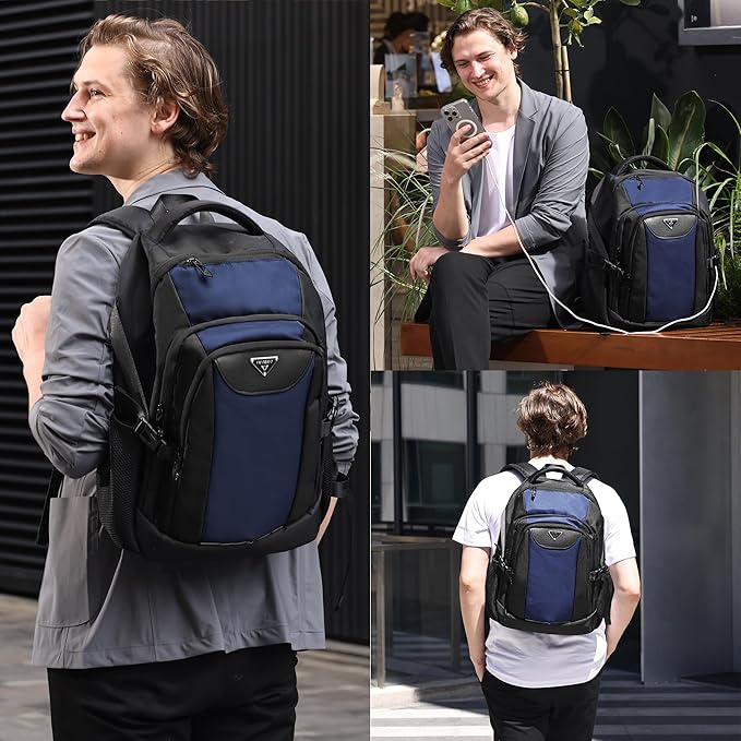 Laptop Travel Backpack with USB Charging Port, Anti-Theft Travel Business Backpack Fits 17 Inch Notebook, 30L Water-Resistant Work Computer Backpack, College School Bookbag for Men Women, Blue/Black