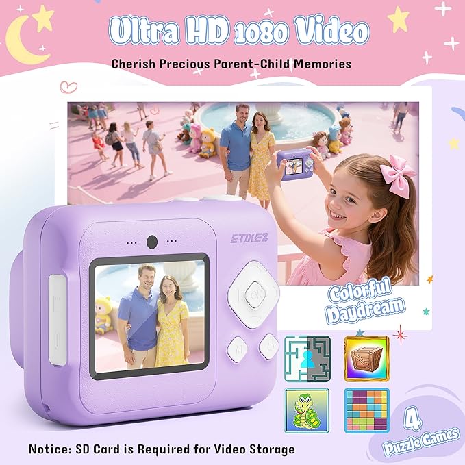 Kids Camera, 1080P Instant Digital Print Camera for Kids, Christmas Birthday Gifts for 4 5 6 7 8 9 10 Year Old Girls Boys, Portable Toy with 32GB SD Card & 3 Rolls Printing Paper, Purple